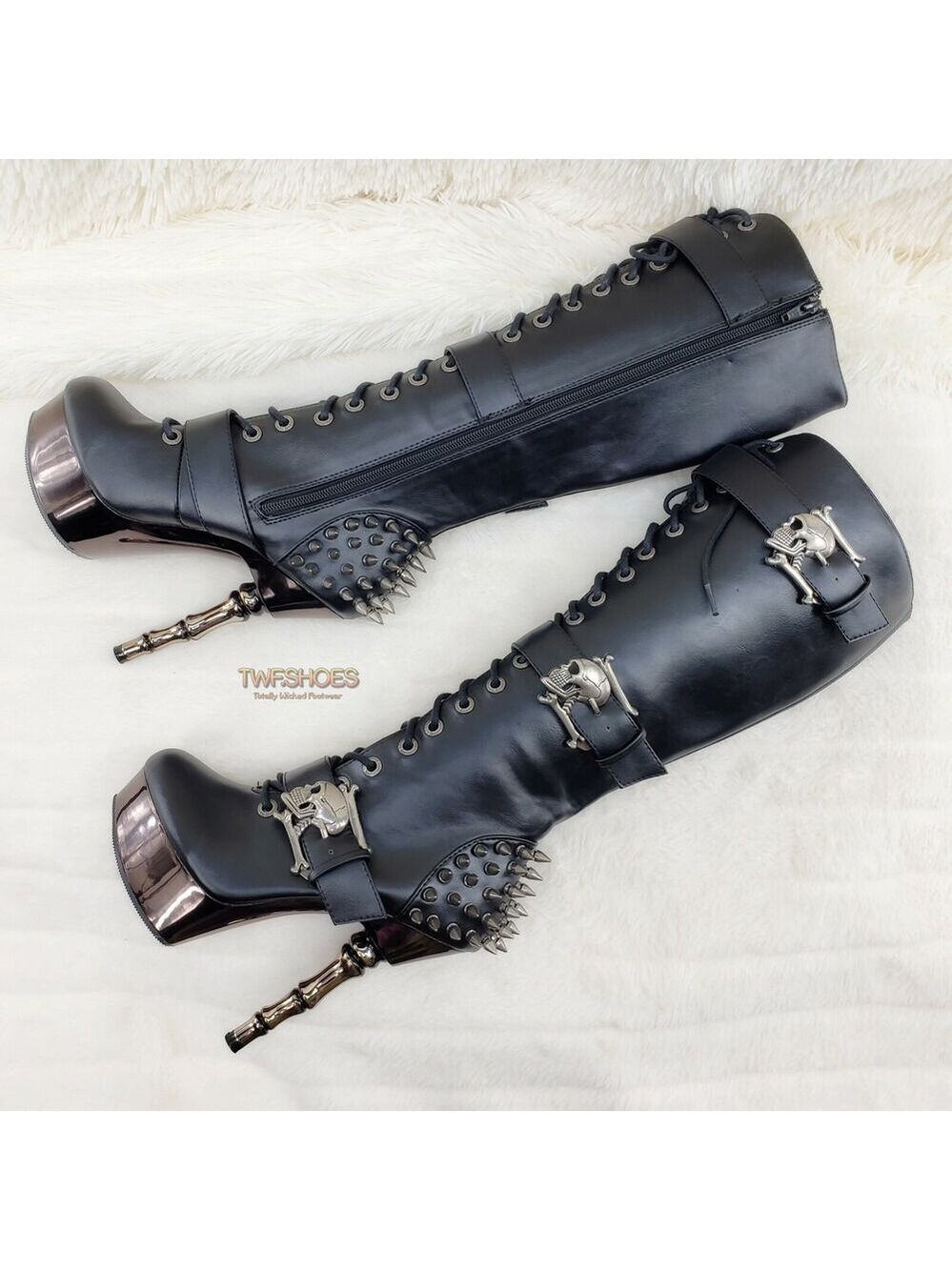 NIB DEMONIA Muerto Chrome Bone High Heel Spiked Skull Buckle Lace Up Knee Boots
